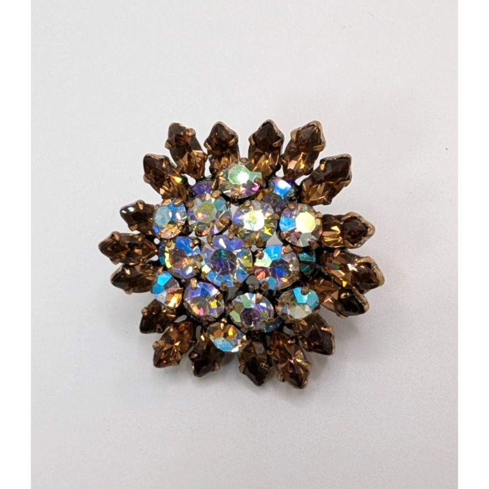 Vintage Signed Austria Rhinestone Dome Starburst Brooch Topaz Aurora Borealis